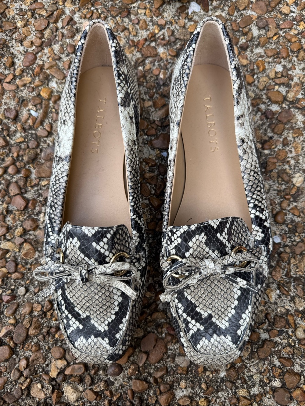 Talbots Snake-Embossed Loafers in Black and White with Bow Detail